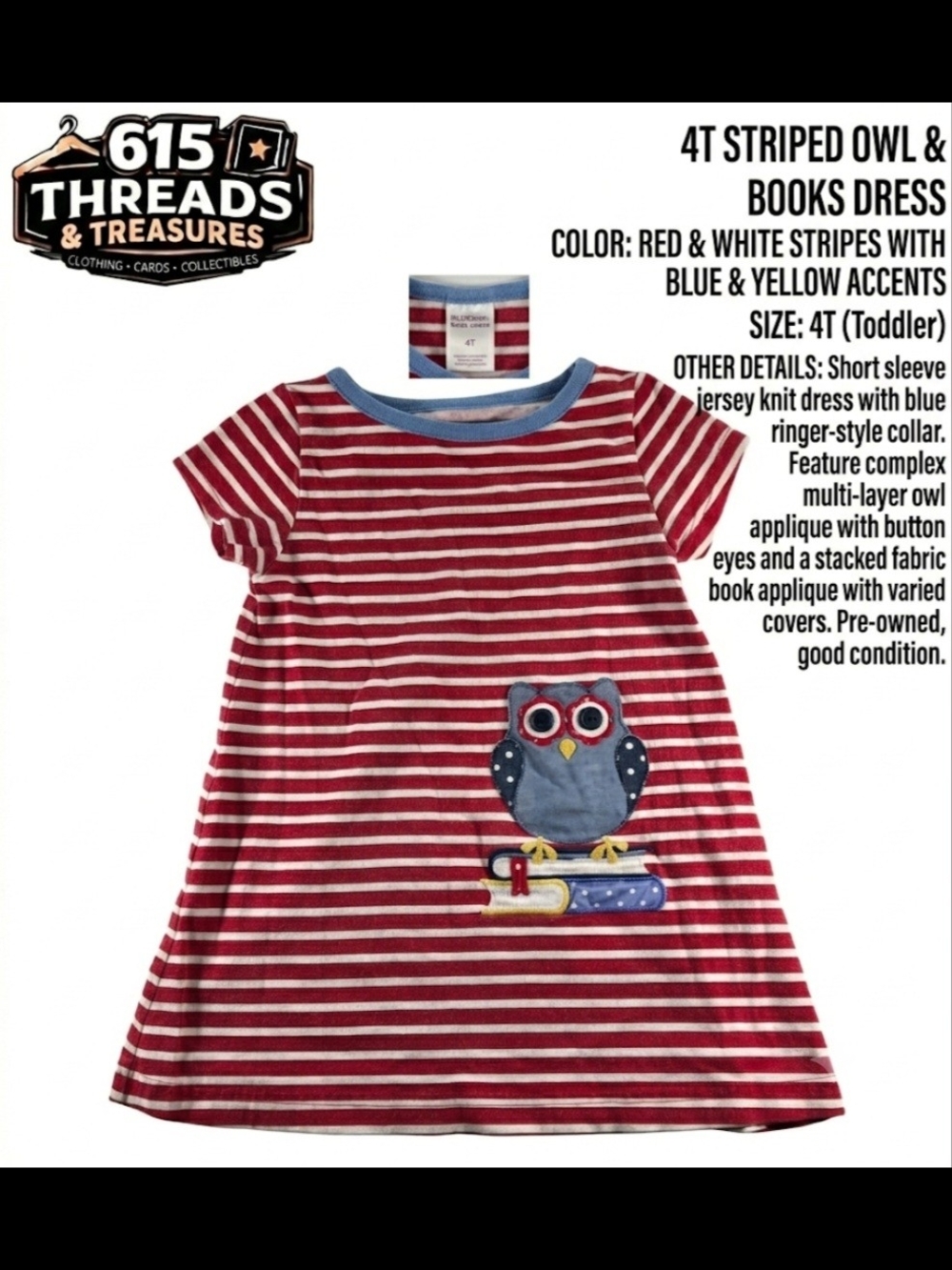 Source Unknown Red & White Striped Owl Dress with Blue Trim